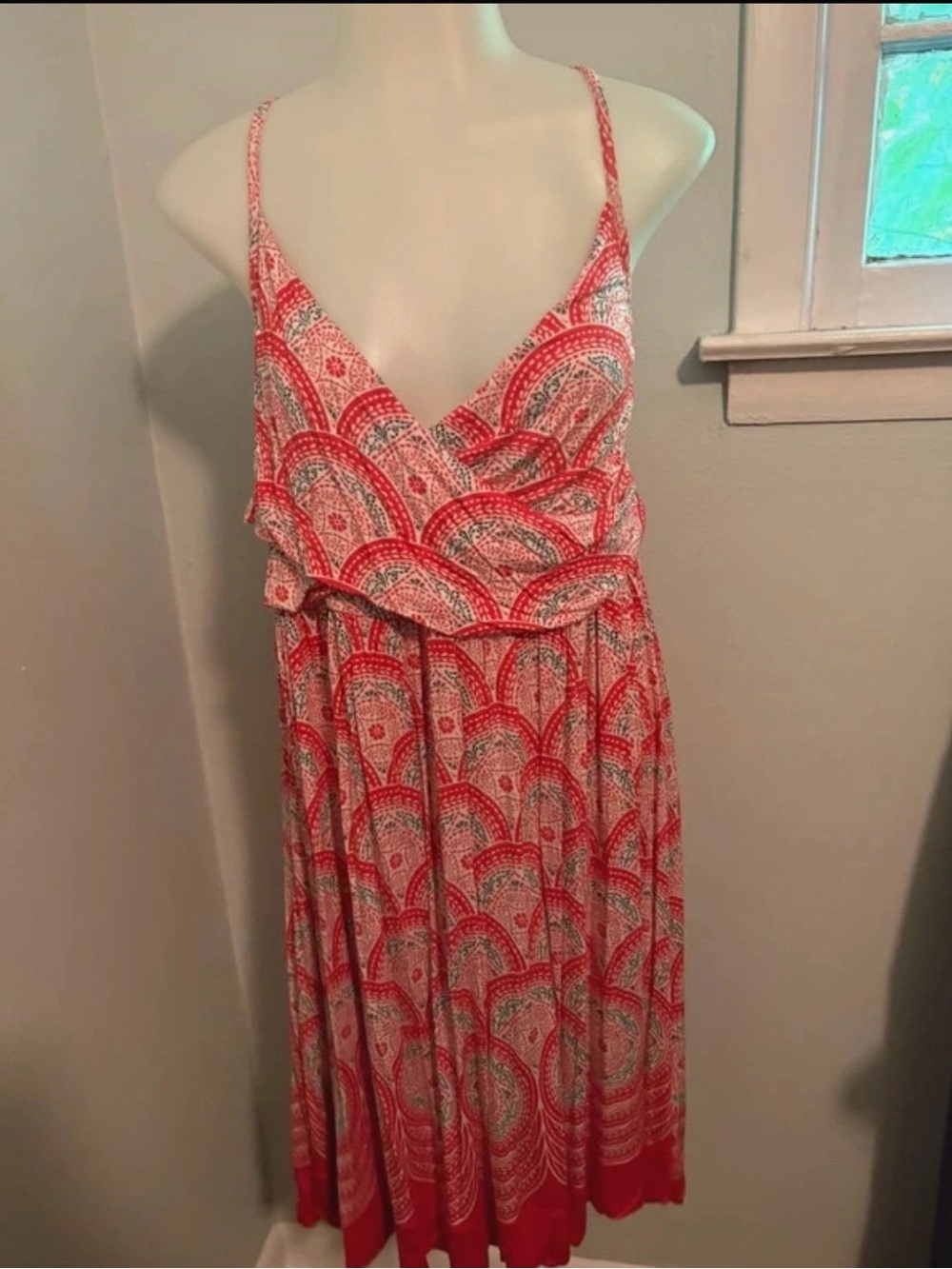 ELLE Coral Red Geometric Scallop Print Maxi Dress
